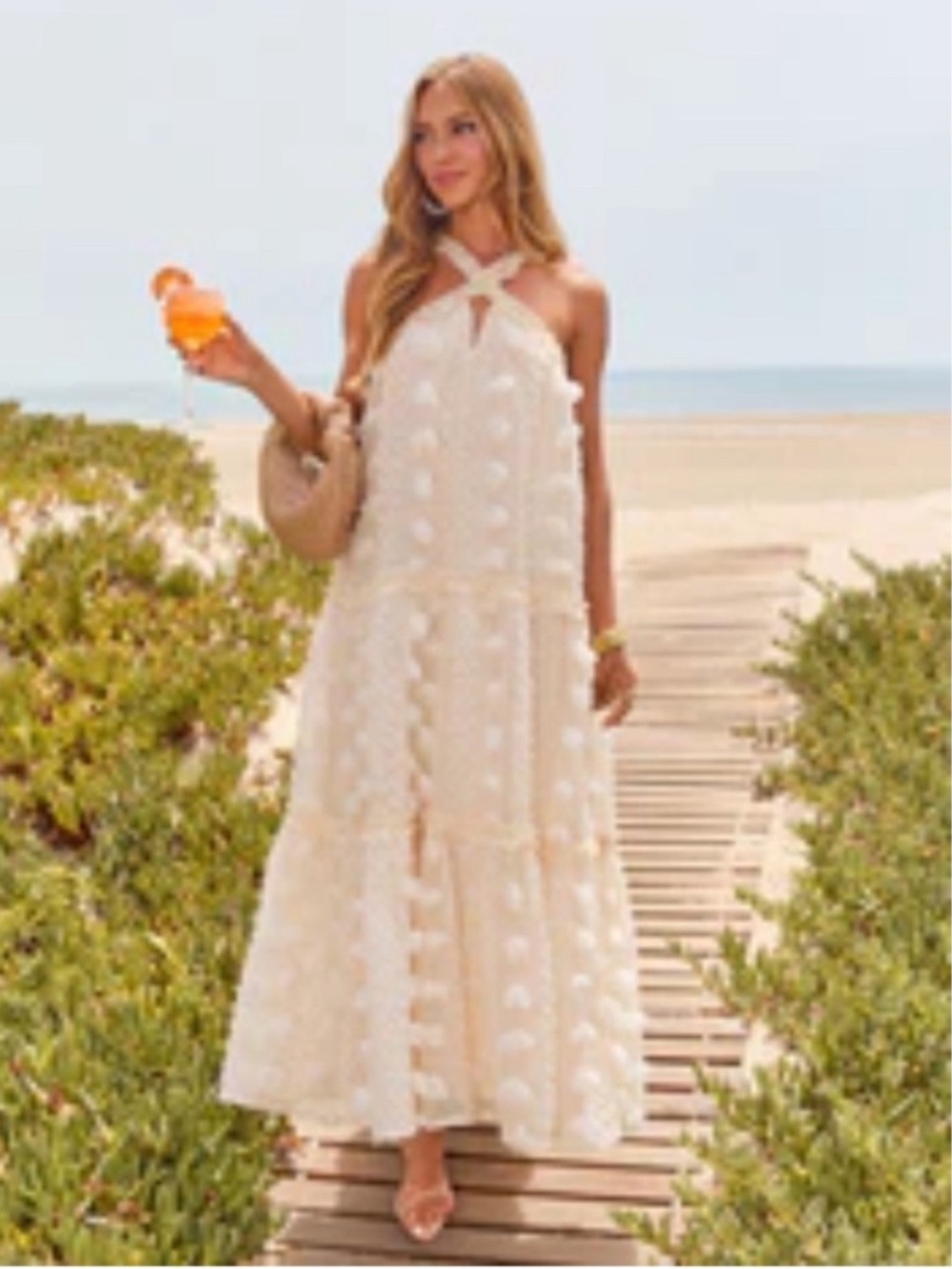 Vici Cream Tulle Maxi Dress with Pom-Pom Trim